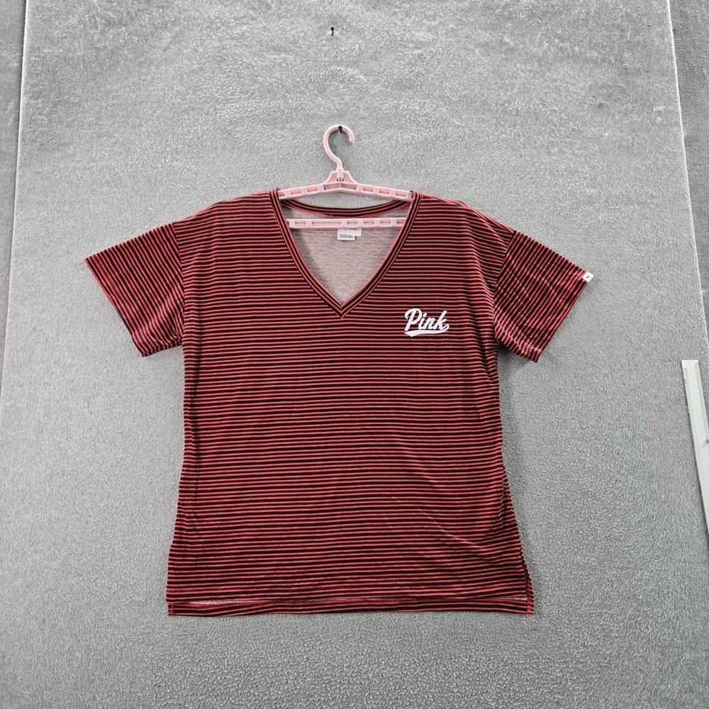 PINK Victoria's Secret Women Shirt L Red Striped V-Neck Pullover